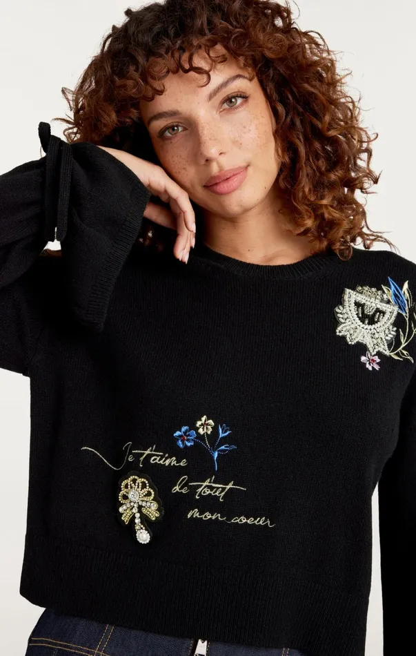 Women Sweaters and Knits Cinq Sept Heritage Patch Tasha Pullover Black Multi