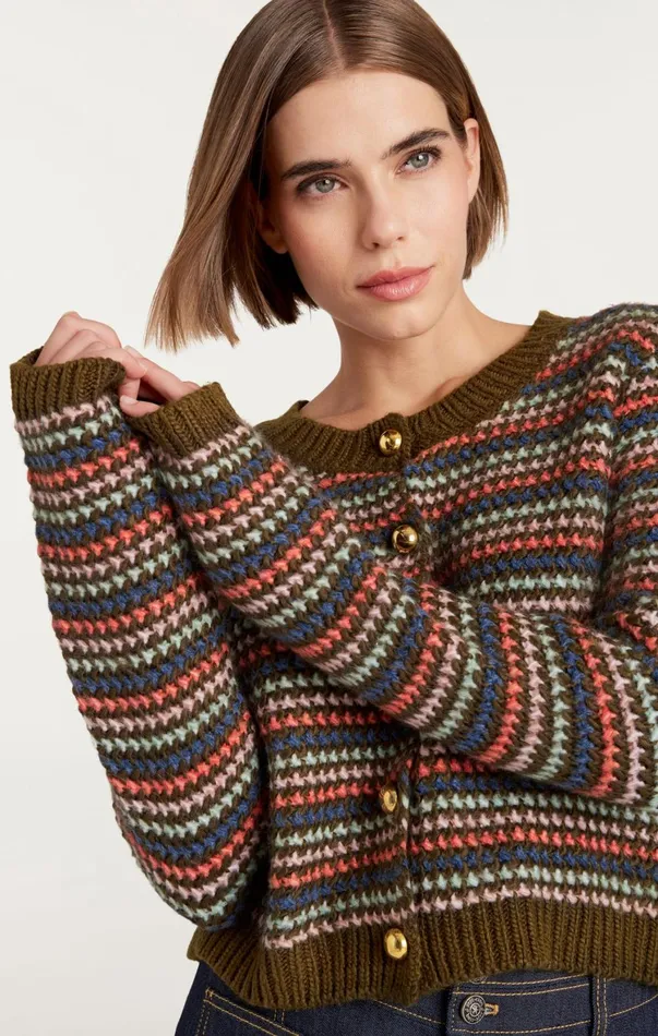 Women Sweaters and Knits Cinq Sept Striped Romina Cardigan Dark Olive Multi