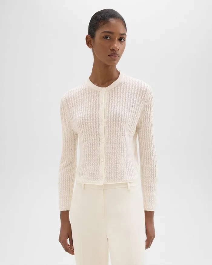 Women Sweaters Cardigans Theory Crewneck Cardigan In Cable Knit Linen Bone