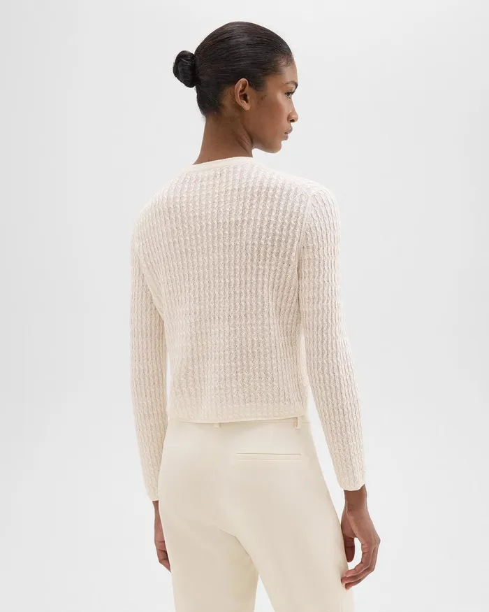 Women Sweaters Cardigans Theory Crewneck Cardigan In Cable Knit Linen Bone
