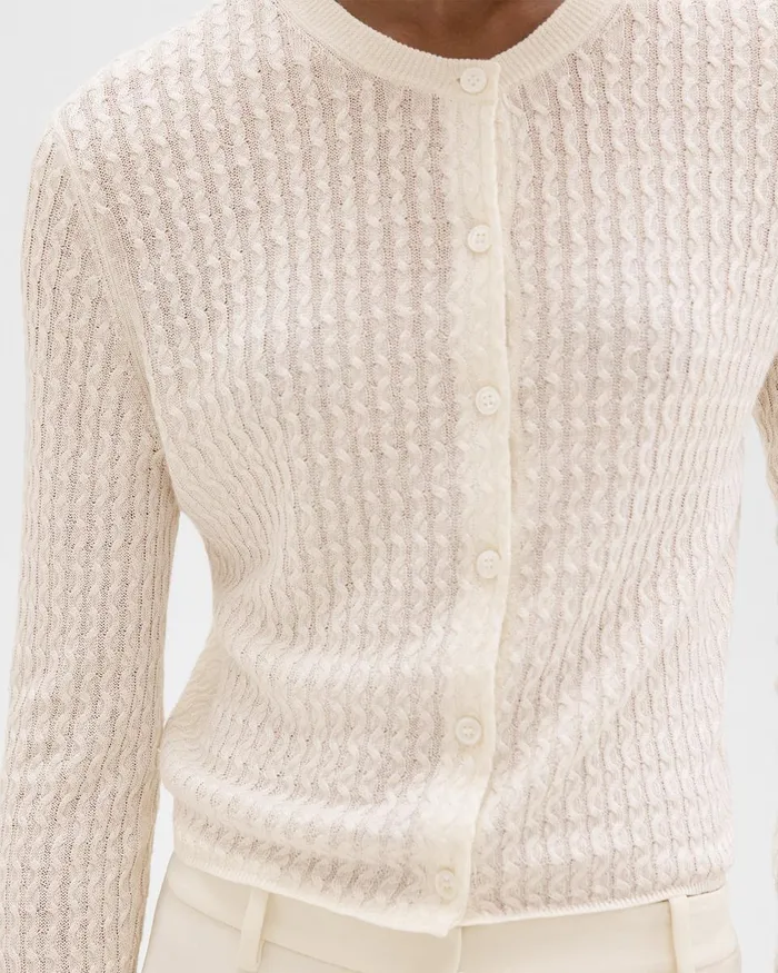 Women Sweaters Cardigans Theory Crewneck Cardigan In Cable Knit Linen Bone