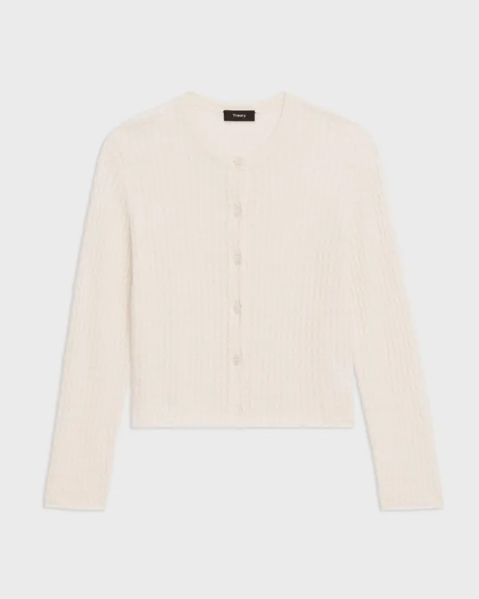 Women Sweaters Cardigans Theory Crewneck Cardigan In Cable Knit Linen Bone