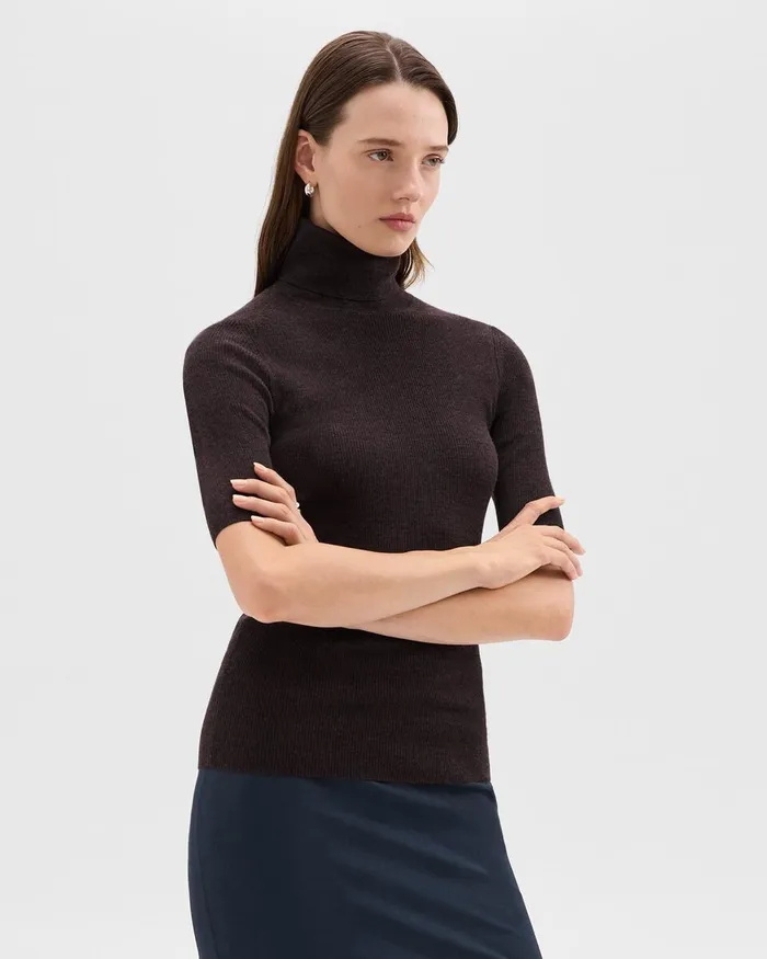 Women Sweaters Cardigans Theory Leenda ShortSleeve Turtleneck In Regal Wool Mink Melange