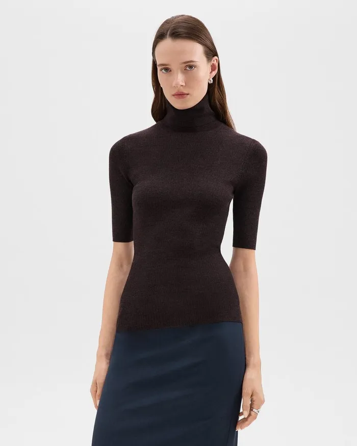 Women Sweaters Cardigans Theory Leenda ShortSleeve Turtleneck In Regal Wool Mink Melange