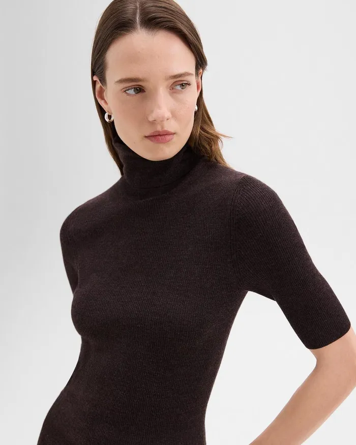 Women Sweaters Cardigans Theory Leenda ShortSleeve Turtleneck In Regal Wool Mink Melange