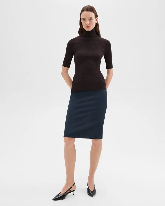Women Sweaters Cardigans Theory Leenda ShortSleeve Turtleneck In Regal Wool Mink Melange