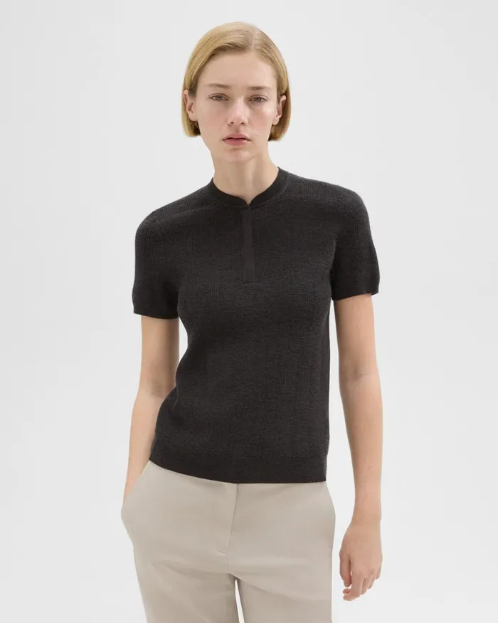 Women Sweaters Cardigans Theory Rib Knit ShortSleeve Henley Coal
