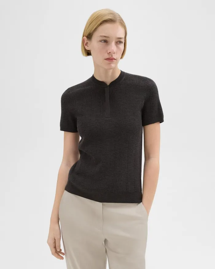 Women Sweaters Cardigans Theory Rib Knit ShortSleeve Henley Coal