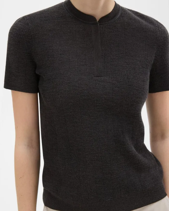 Women Sweaters Cardigans Theory Rib Knit ShortSleeve Henley Coal