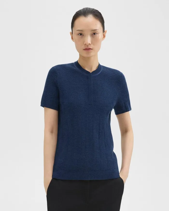 Women Sweaters Cardigans Theory Rib Knit ShortSleeve Henley Wave