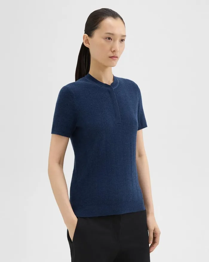 Women Sweaters Cardigans Theory Rib Knit ShortSleeve Henley Wave