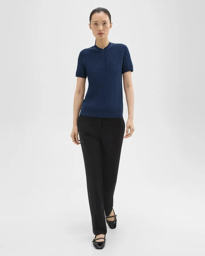 Women Sweaters Cardigans Theory Rib Knit ShortSleeve Henley Wave