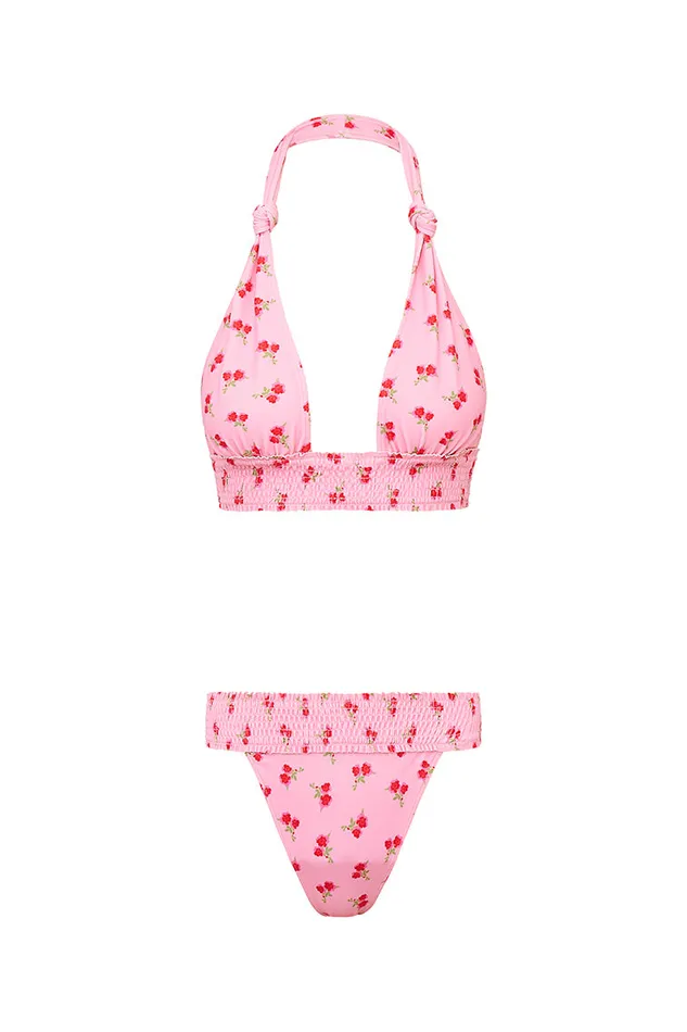 Women Swim LoveShackFancy Katya Cherry Halter Bikini Swim Set Cherry Pink
