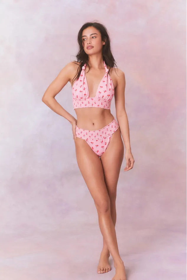 Women Swim LoveShackFancy Katya Cherry Halter Bikini Swim Set Cherry Pink