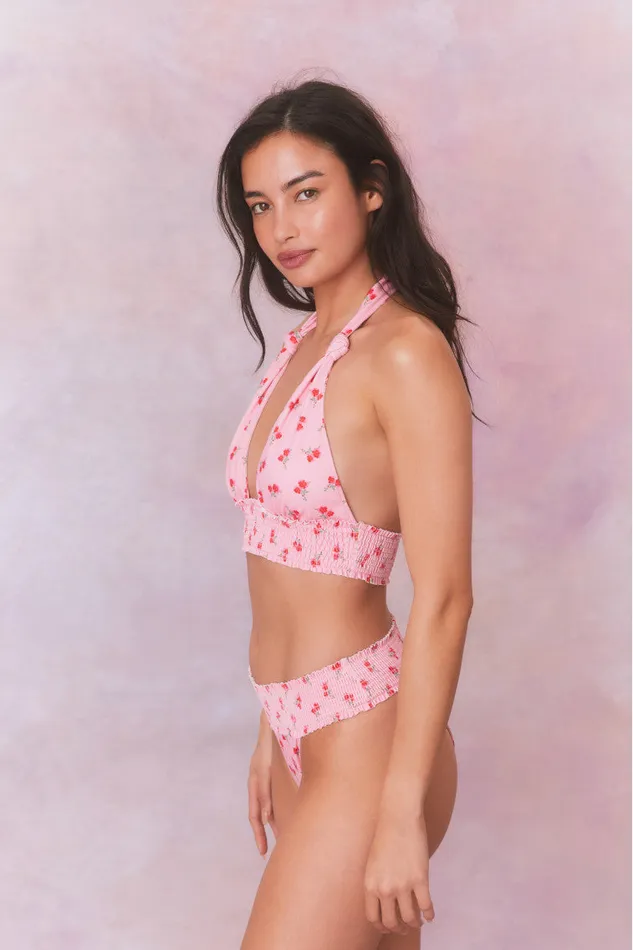 Women Swim LoveShackFancy Katya Cherry Halter Bikini Swim Set Cherry Pink