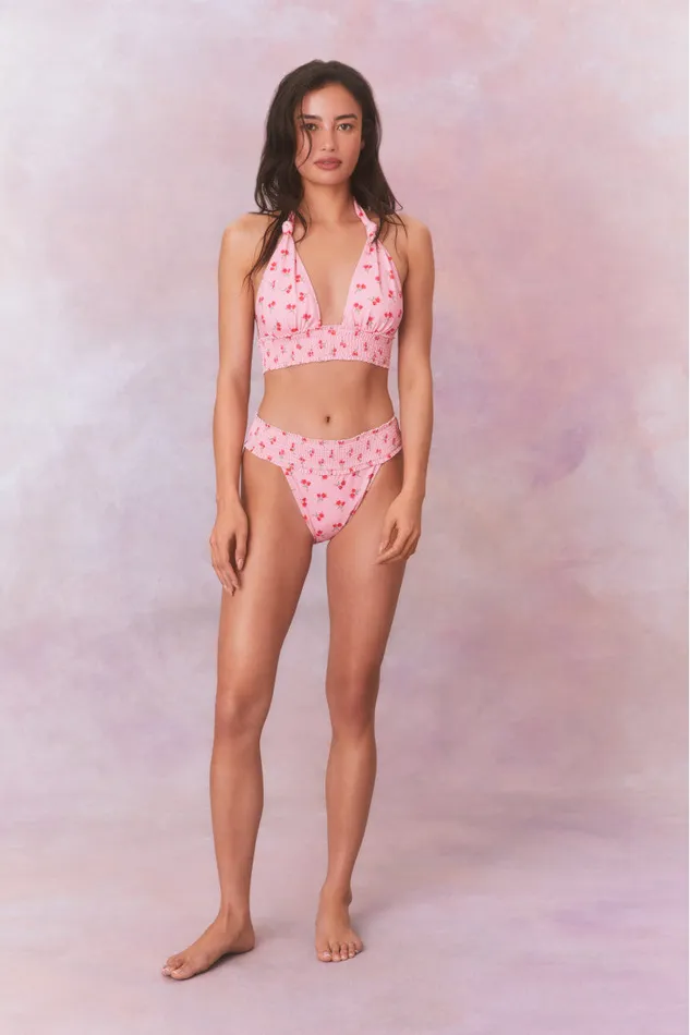Women Swim LoveShackFancy Katya Cherry Halter Bikini Swim Set Cherry Pink