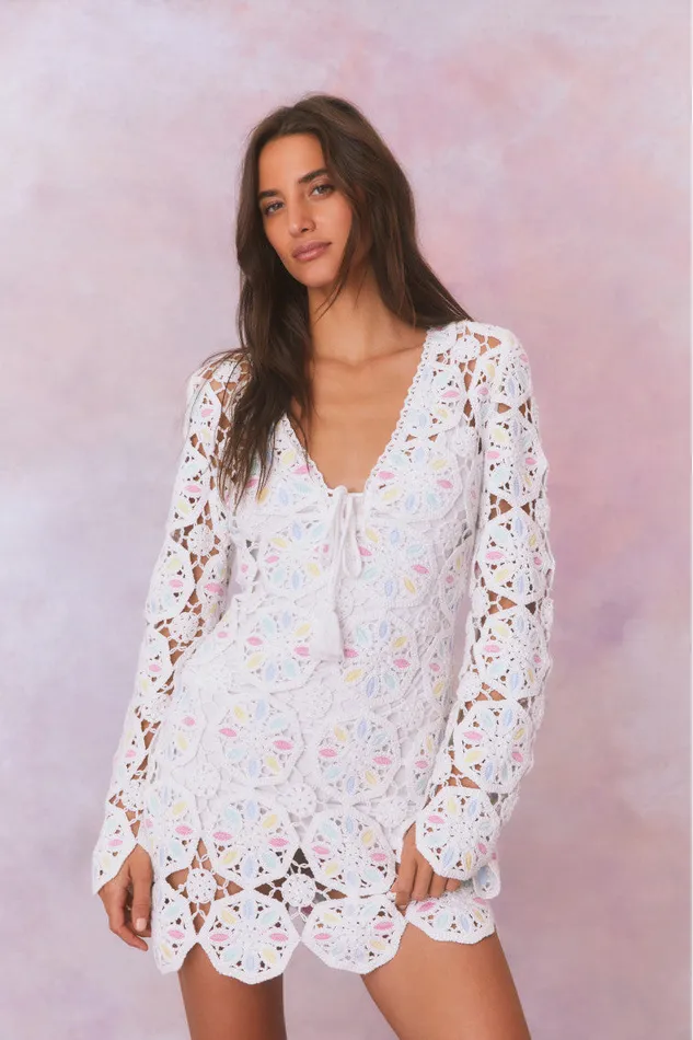 Women Swim LoveShackFancy Poemes Multi Colored Crochet Mini Dress Garden Petals Multi