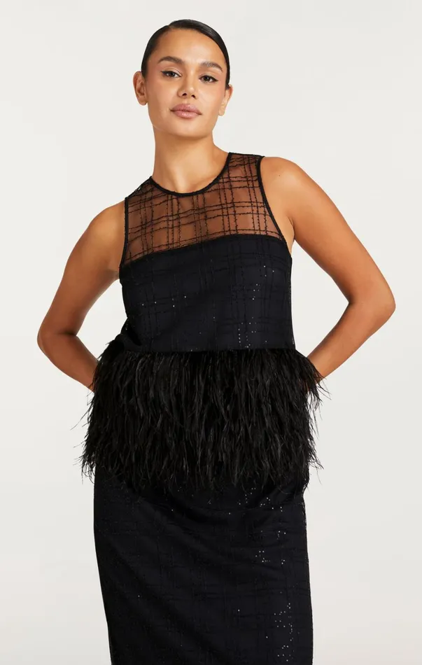 Women Tank Tops and Camisoles Cinq Sept Sequin Plaid Charisse Top Black