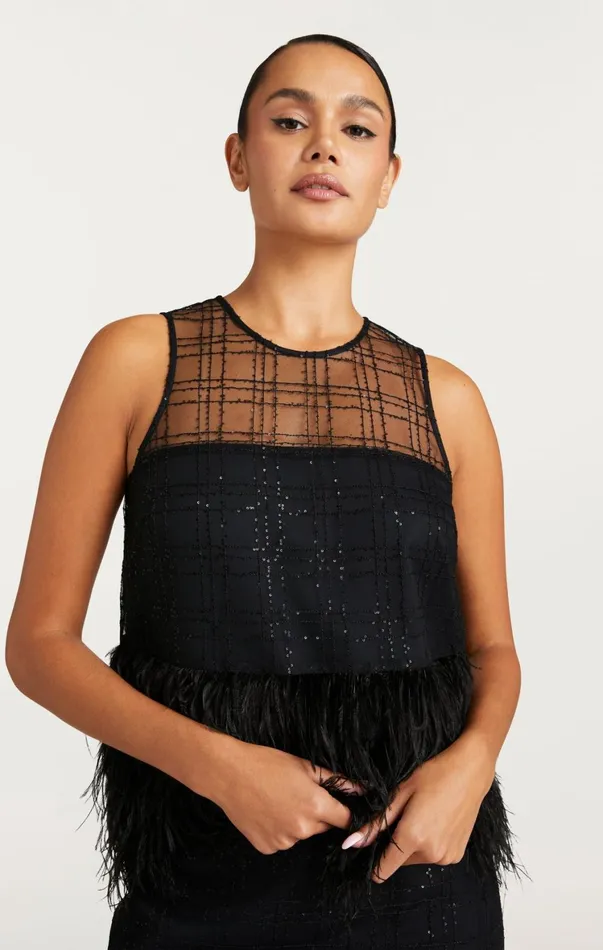 Women Tank Tops and Camisoles Cinq Sept Sequin Plaid Charisse Top Black