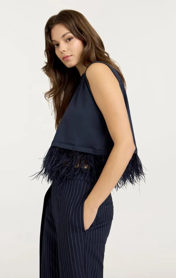 Women Tees and Pullovers Cinq Sept Cropped Feather Tee Navy