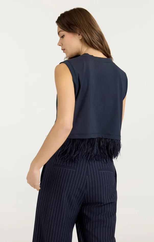 Women Tees and Pullovers Cinq Sept Cropped Feather Tee Navy