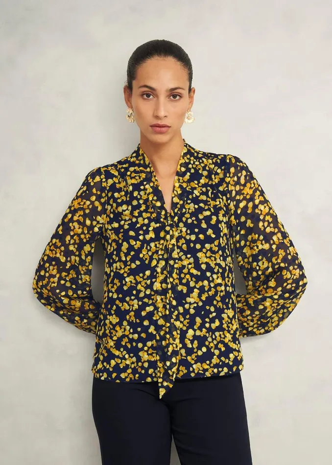 Women Tops Hobbs Aria Blouse Navy Yellow