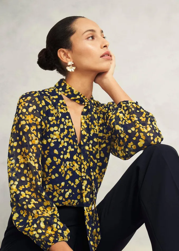 Women Tops Hobbs Aria Blouse Navy Yellow