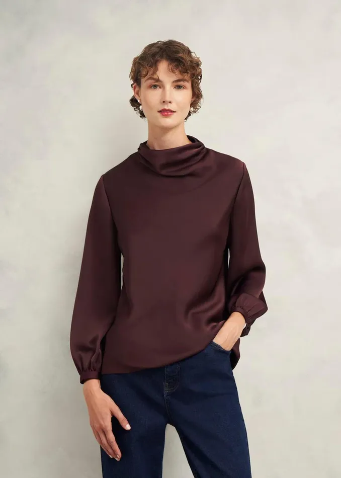 Women Tops Hobbs Lulworth Satin Blouse Cocoa Brown