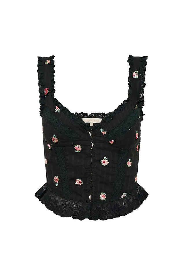 Women Tops LoveShackFancy Galette Embroidered Floral Top Black Combo