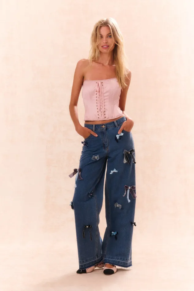 Women Tops LoveShackFancy Lucarelli LaceUp Corset Top Pink Pearl