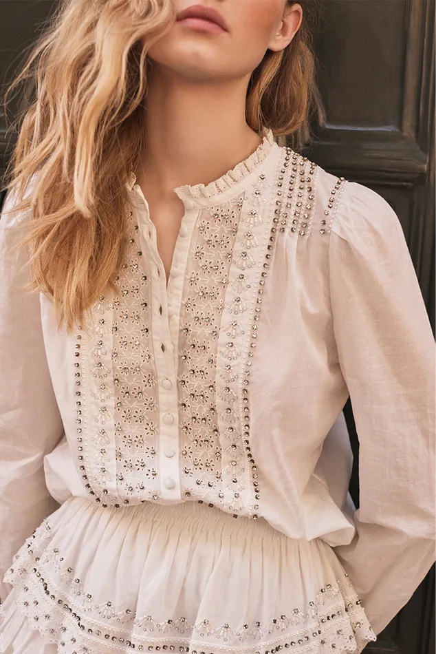 Women Tops LoveShackFancy Mildrene RhinestoneStudded Blouse White