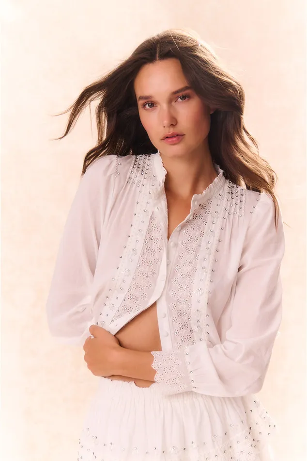 Women Tops LoveShackFancy Mildrene RhinestoneStudded Blouse White