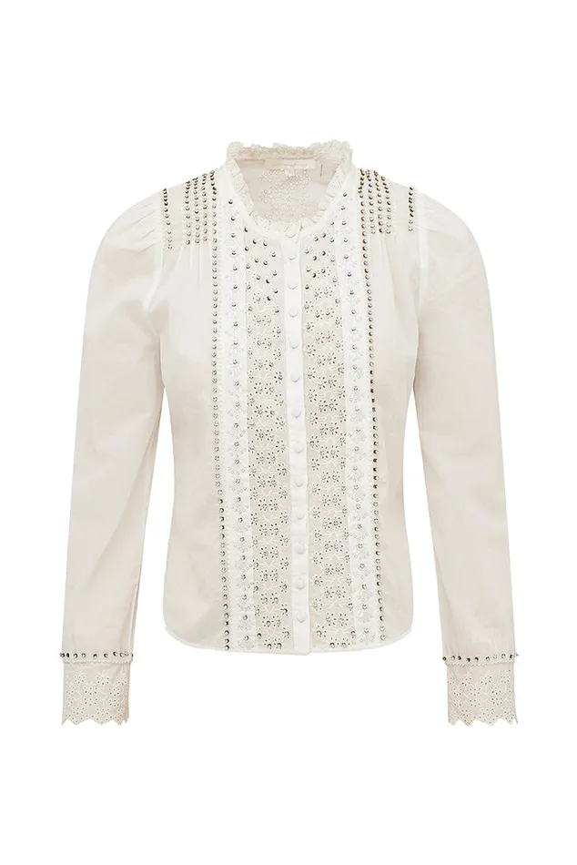 Women Tops LoveShackFancy Mildrene RhinestoneStudded Blouse White