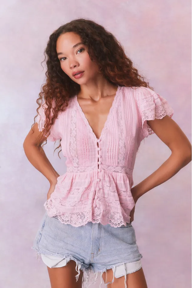 Women Tops LoveShackFancy Quinella Cotton Peplum VNeck ButtonDown Blouse Cherry Pink
