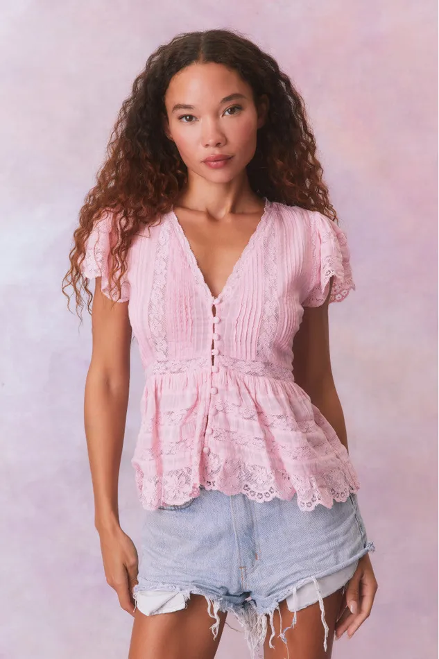 Women Tops LoveShackFancy Quinella Cotton Peplum VNeck ButtonDown Blouse Cherry Pink Women Tops LoveShackFancy Quinella Cotton Peplum VNeck ButtonDown Blouse Cherry Pink