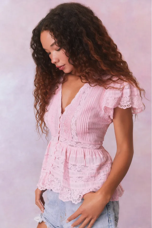 Women Tops LoveShackFancy Quinella Cotton Peplum VNeck ButtonDown Blouse Cherry Pink Women Tops LoveShackFancy Quinella Cotton Peplum VNeck ButtonDown Blouse Cherry Pink