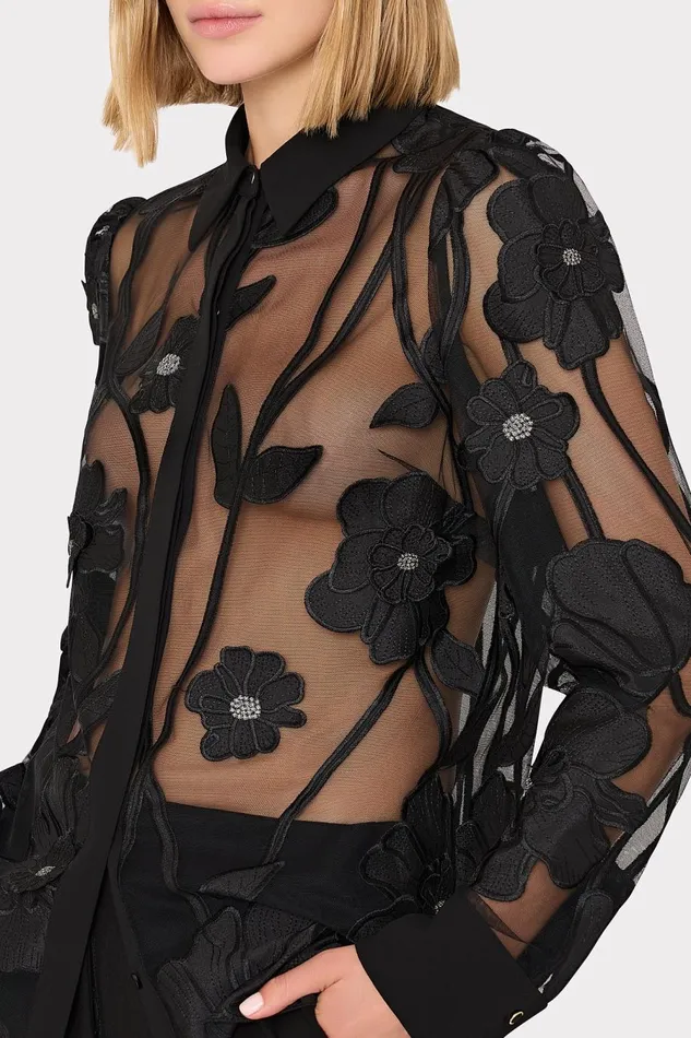 Women Tops Milly Ashton Grand Fleur Embroidered Top Black