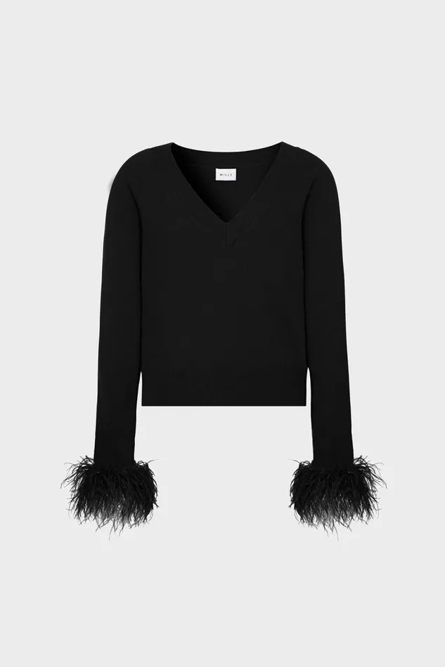 Women Tops Milly Feather Cuff VNeck Sweater Black