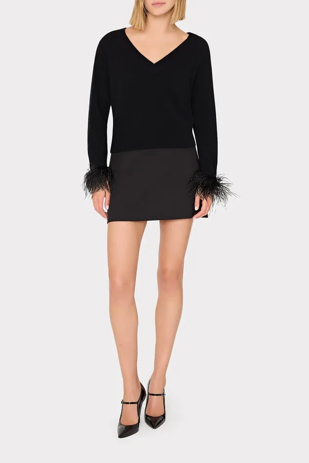 Women Tops Milly Feather Cuff VNeck Sweater Black