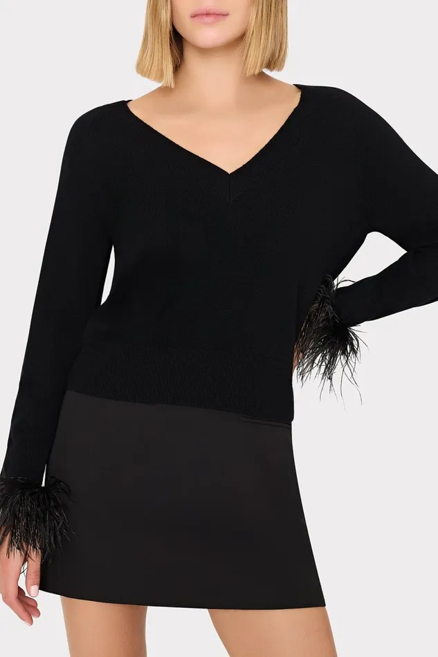 Women Tops Milly Feather Cuff VNeck Sweater Black