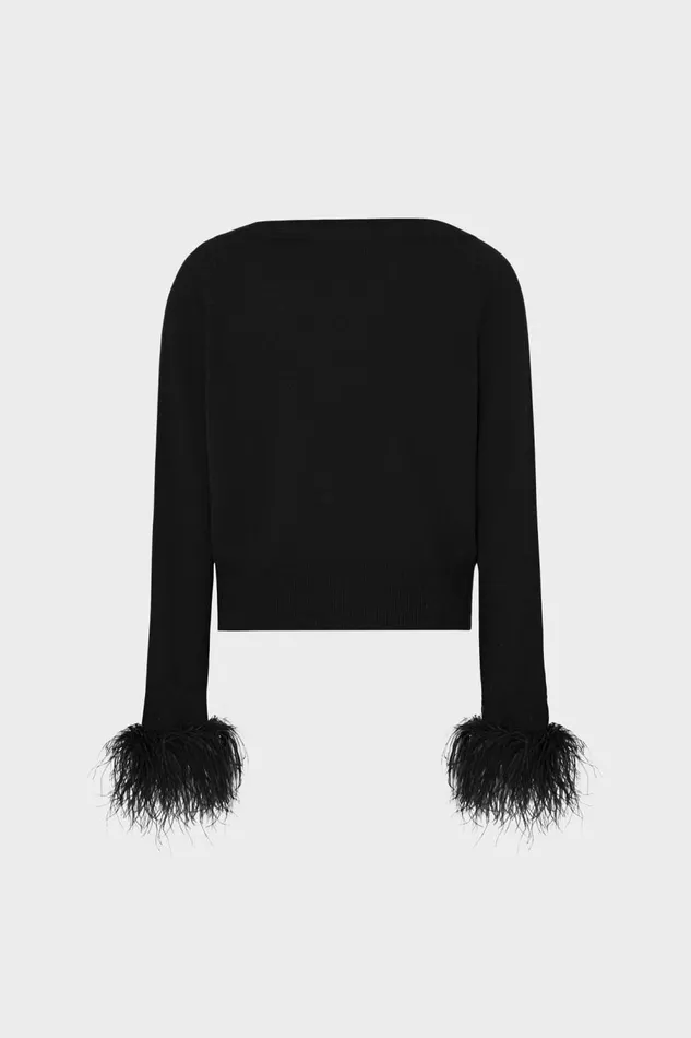Women Tops Milly Feather Cuff VNeck Sweater Black