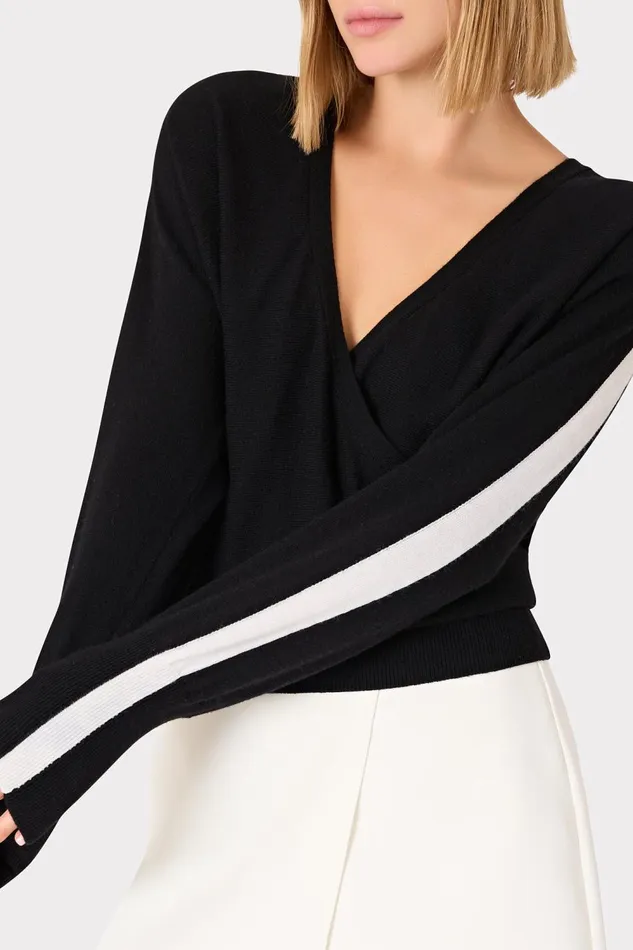 Women Tops Milly Racer VNeck Sweater Blackecru Women Tops Milly Racer VNeck Sweater Blackecru