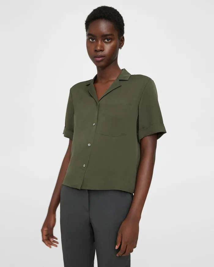 Women Tops Theory Camp Shirt In Silk Georgette Dark Olive