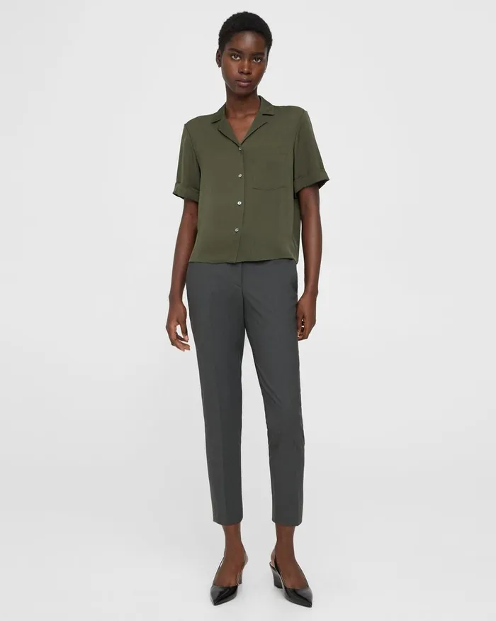 Women Tops Theory Camp Shirt In Silk Georgette Dark Olive