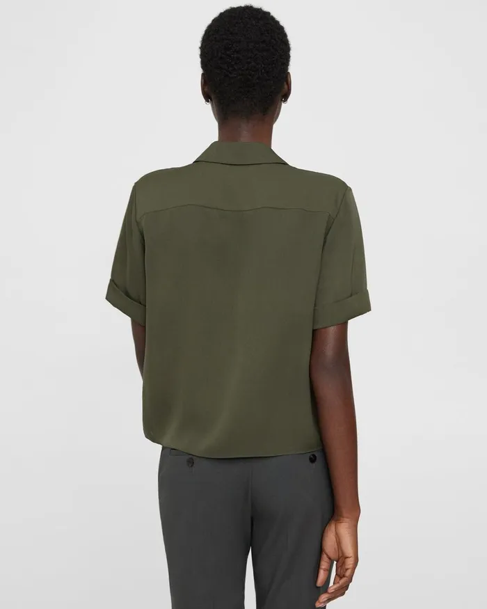 Women Tops Theory Camp Shirt In Silk Georgette Dark Olive