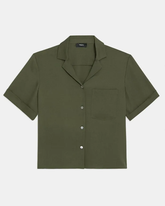 Women Tops Theory Camp Shirt In Silk Georgette Dark Olive