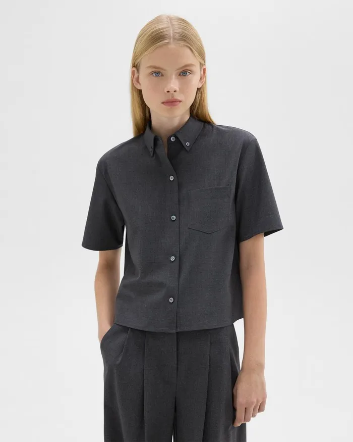 Women Tops Theory Cropped ShortSleeve Shirt In Good Wool Charcoal Melange