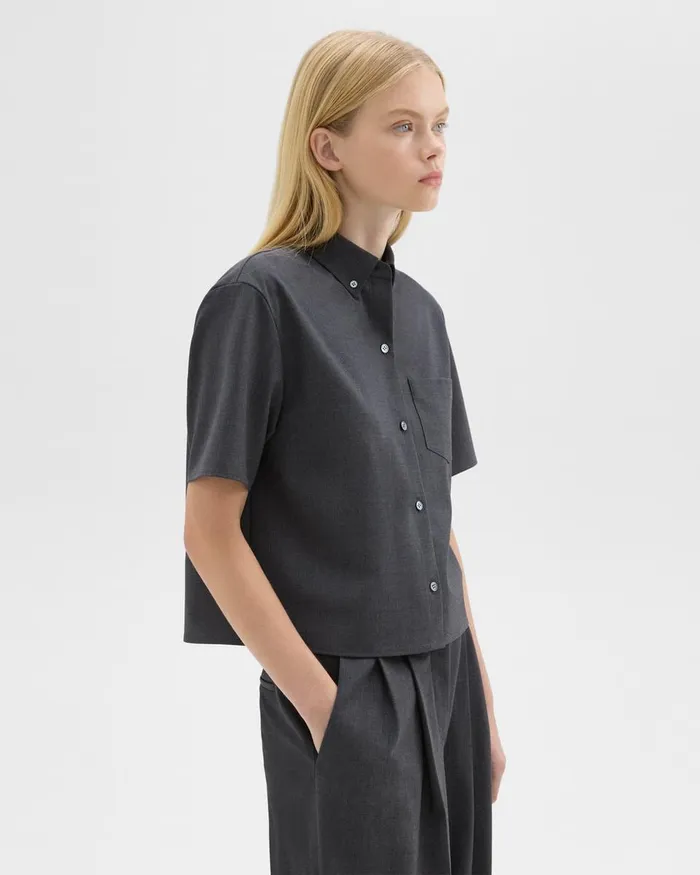Women Tops Theory Cropped ShortSleeve Shirt In Good Wool Charcoal Melange