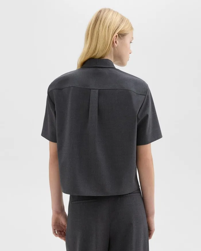 Women Tops Theory Cropped ShortSleeve Shirt In Good Wool Charcoal Melange