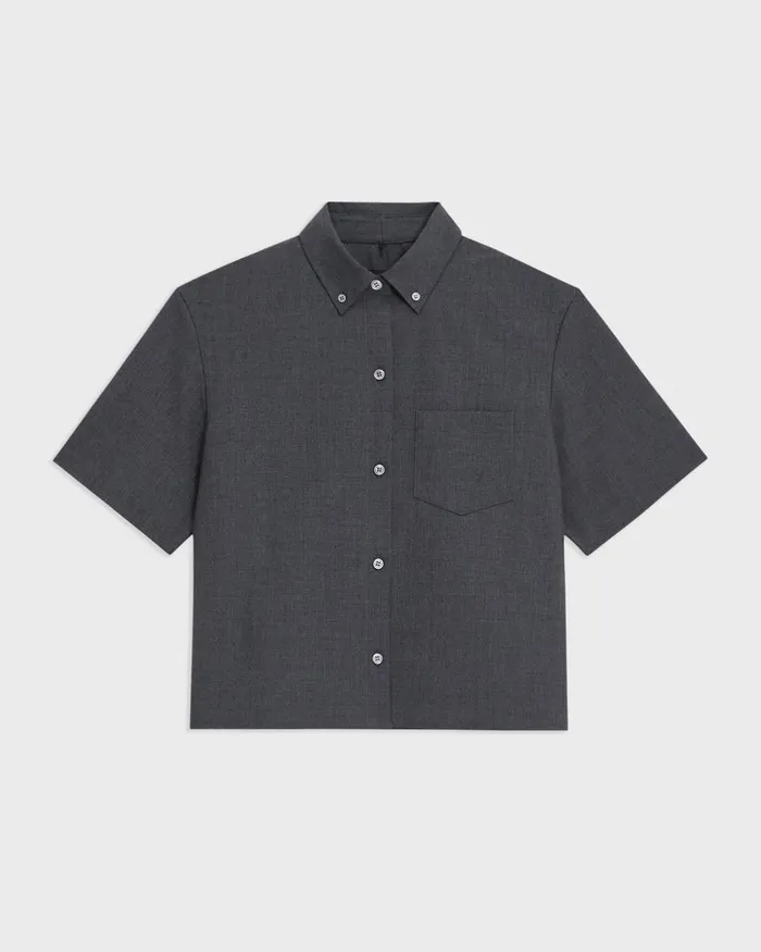 Women Tops Theory Cropped ShortSleeve Shirt In Good Wool Charcoal Melange